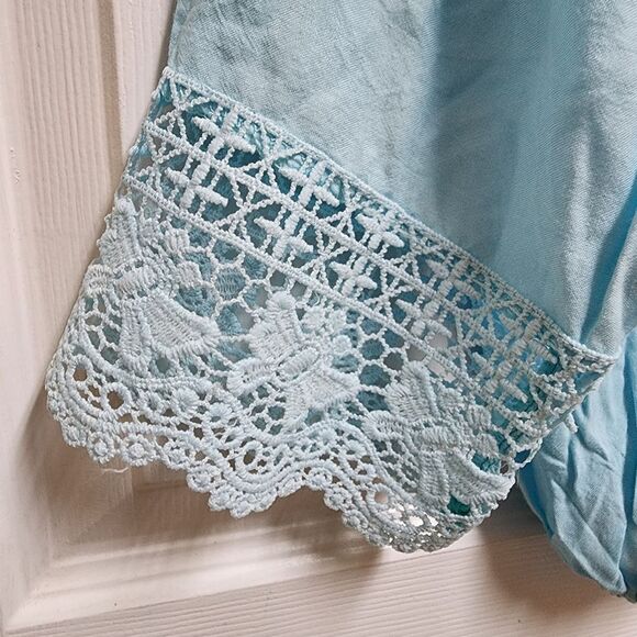 Beach By Exist Top Womens L Blue Crochet Lace V Neck 3/4 Sleeve Crop Elastic Hem - Picture 7 of 15